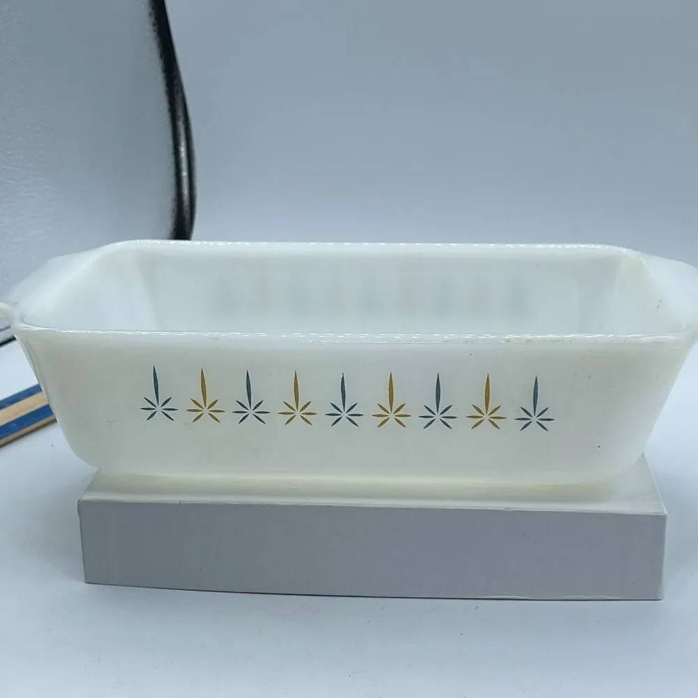 Vintage Fire-King loaf pan “Candle Glow” pattern Anchor Hoking 1960.